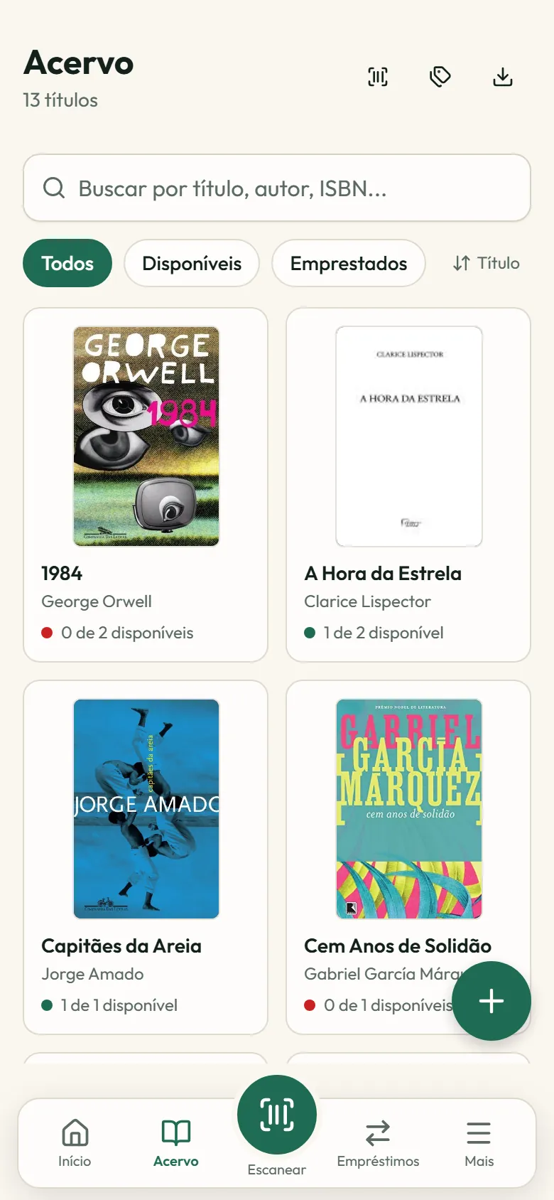 Acervo de uma biblioteca no BiblioMob, com as capas dos livros e quantos exemplares estão disponíveis